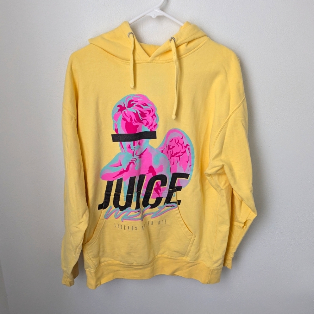 Juice World Men's Yellow Hoodie with Angel Head Print, Large